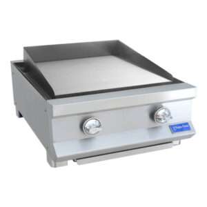 Plancha de gas de acero inoxidable con dos perillas de control y una superficie de cocción plana. La plancha tiene un diseño elegante con un cajón debajo del área de cocción para facilitar el acceso y la limpieza. El nombre de la marca "Star-Max" es visible en una pequeña etiqueta azul en el frente.